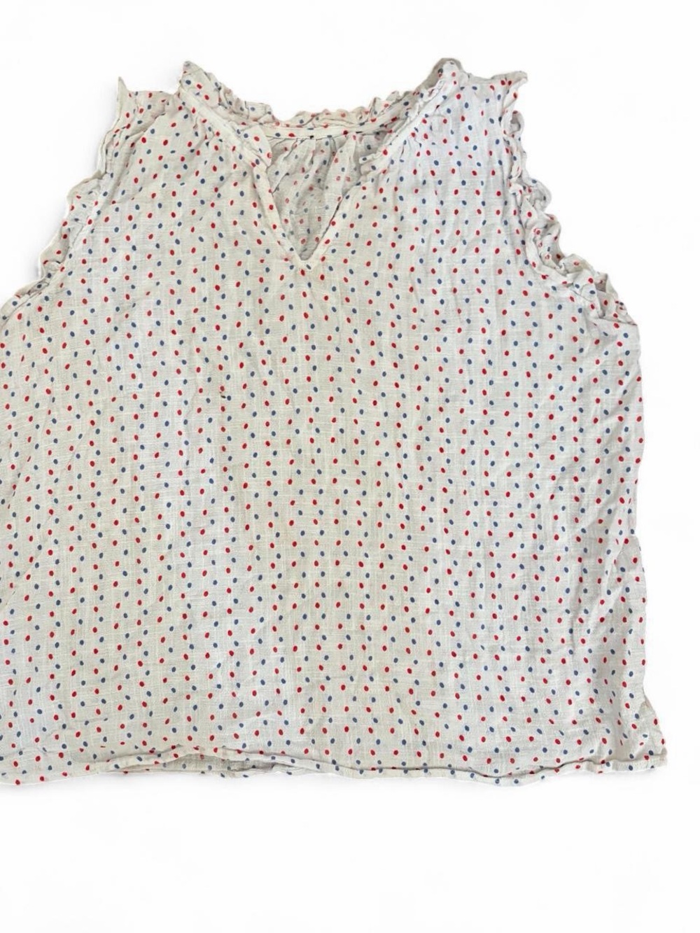 Sleeveless Cream Dot-Print Blouse with Ruffle Trim